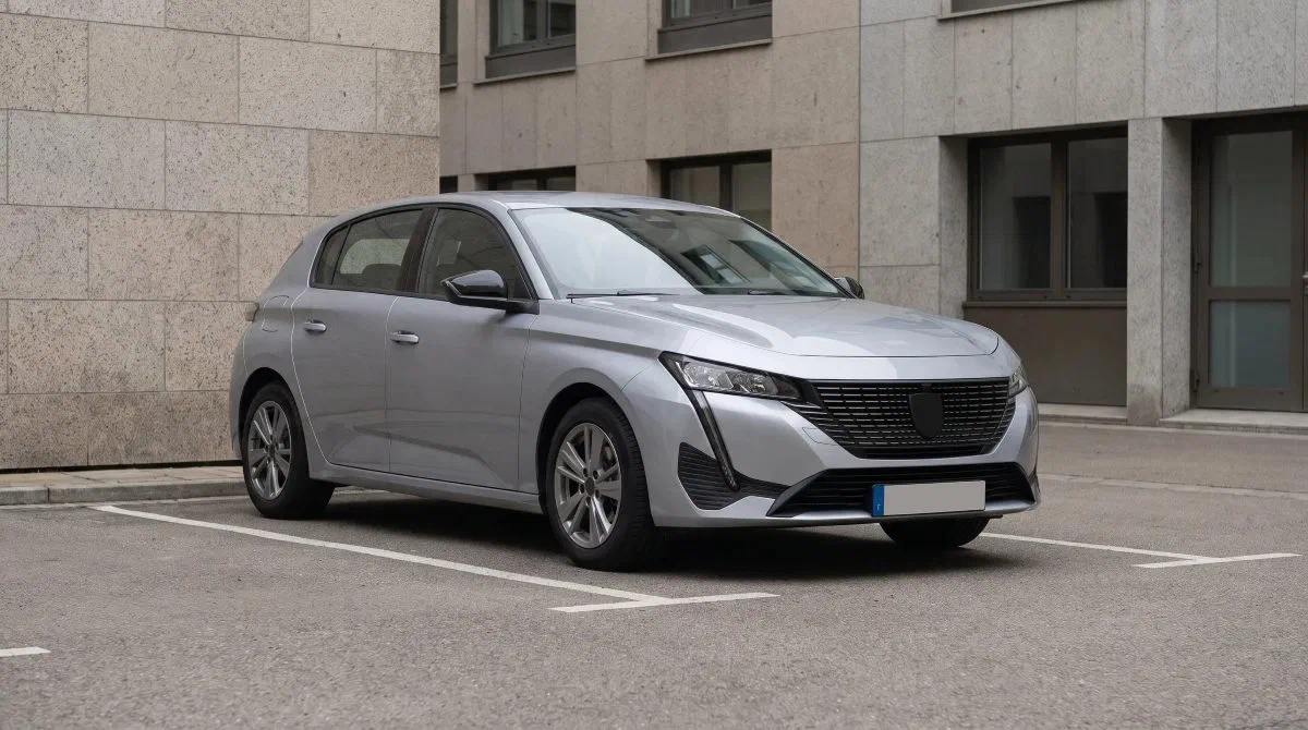 Une berline compacte grise garée sur une place de parking, devant un immeuble de bureaux en pierre.