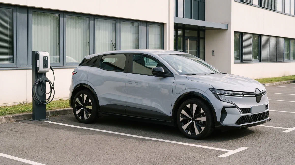 Une voiture électrique grise garée sur le parking d’un immeuble de bureaux, à côté d’une borne de recharge.