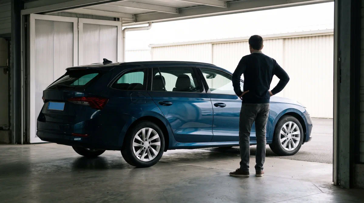 Un homme, vu de dos, regarde un break bleu stationné dans un garage d’entreprise.