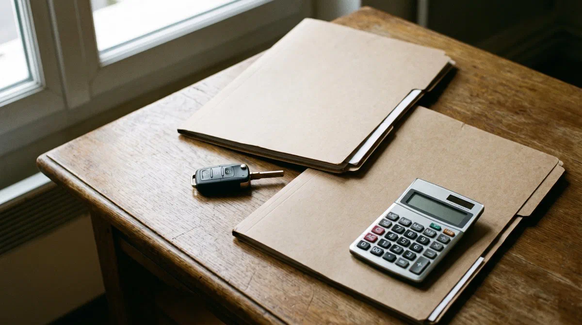 Deux dossiers cartonnés, une calculatrice et une clé de voiture posés sur un bureau en bois, près d’une fenêtre.
