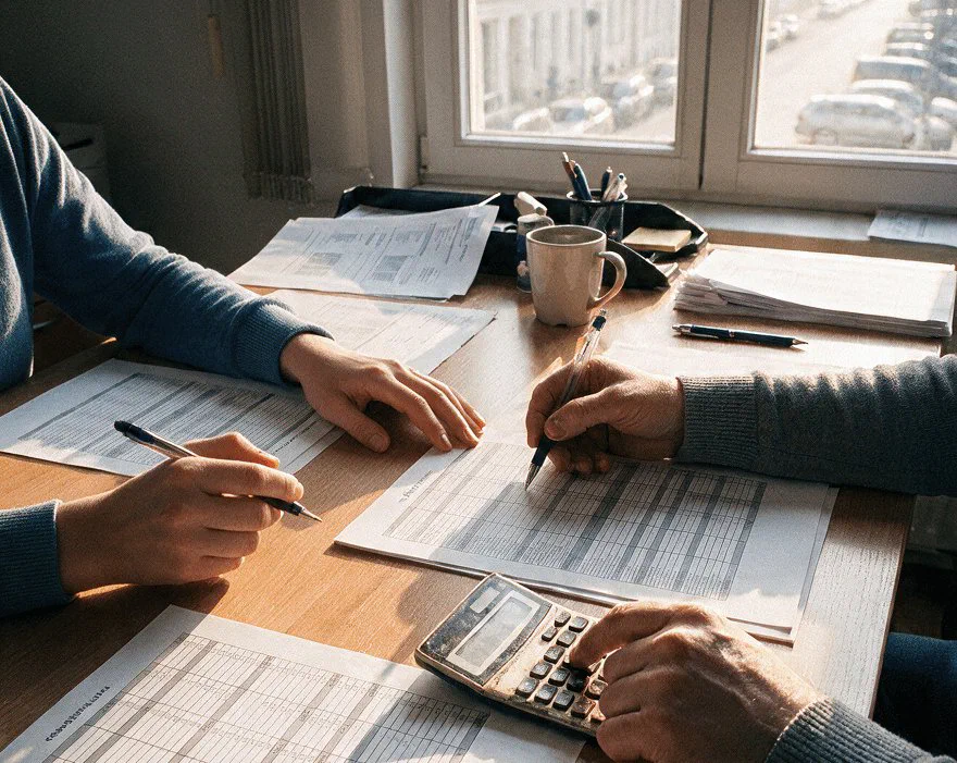 Deux personnes analysent des contrats et des coûts de flotte autour d'une table