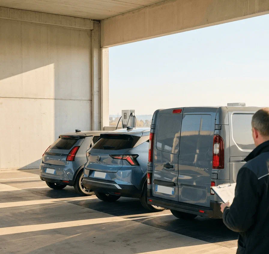 Véhicules électriques en recharge dans un parking souterrain