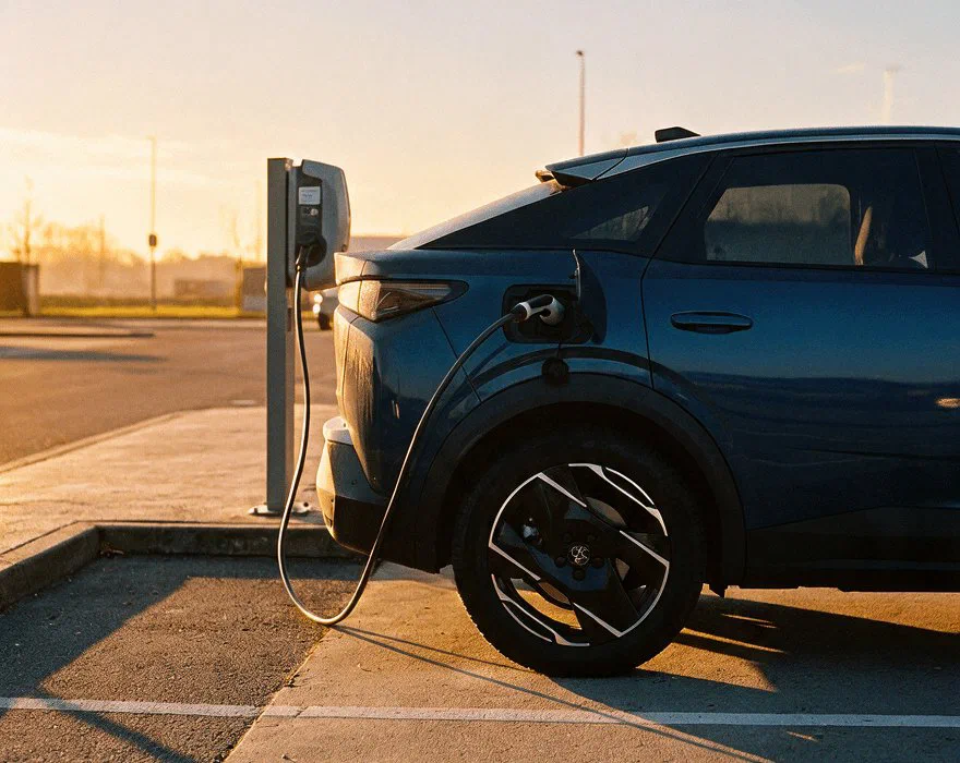 Voiture électrique en recharge au coucher du soleil