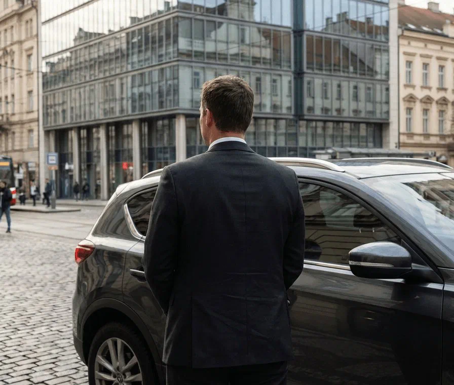 Un professionnel de l'automobile à côté d'une voiture dans une rue