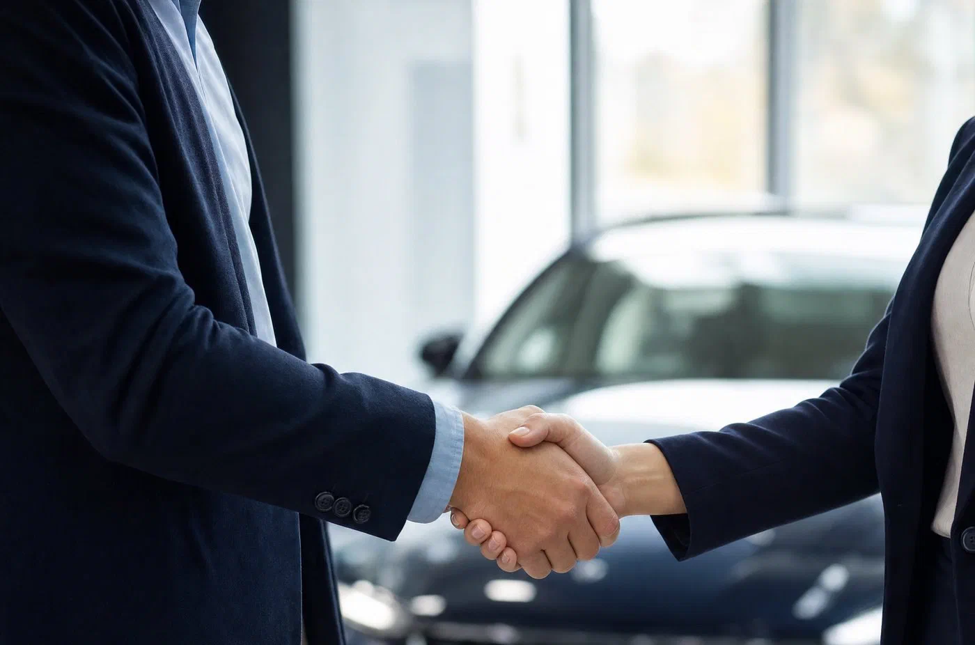 Poignée de main entre deux personnes en tenue professionnelle, devant une voiture