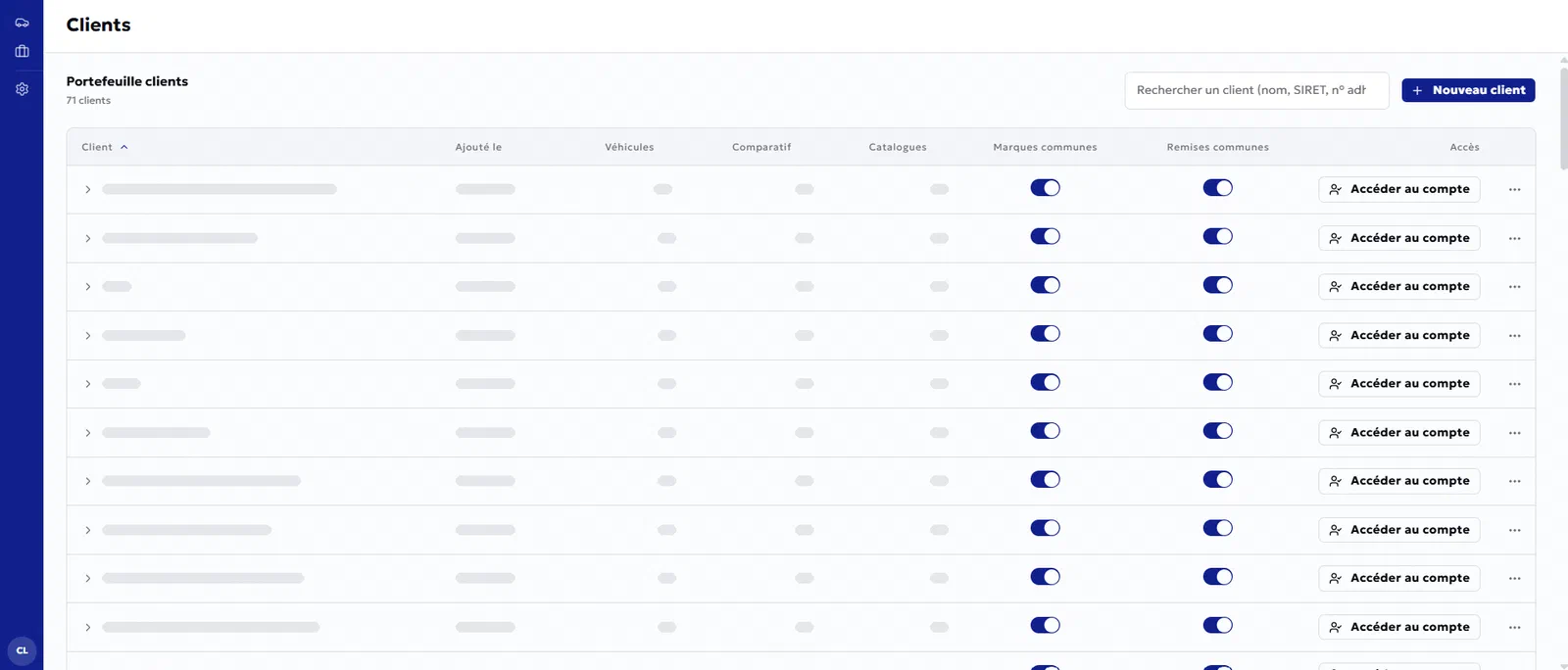 Écran Clients de la plateforme Netmo pour les professionnels : portefeuille de clients avec leurs véhicules, comparatifs et catalogues, les marques et remises partagées, et l'accès à chaque compte